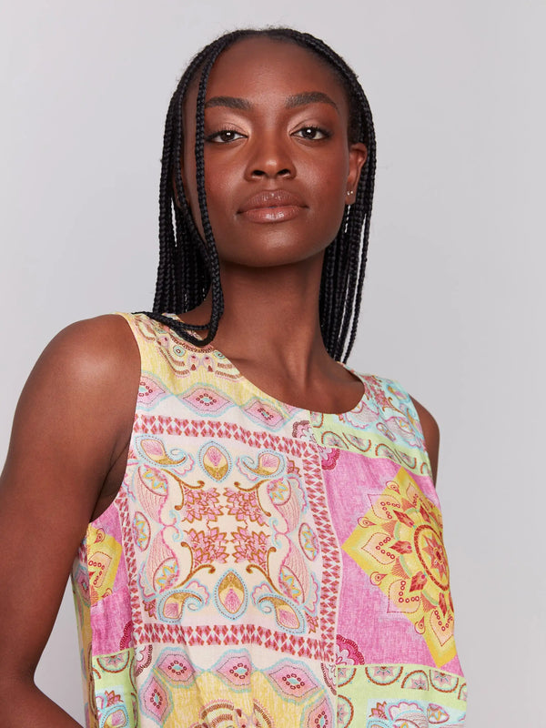Sleeveless design with a crew neckline, showcasing vibrant prints by Charlie B.