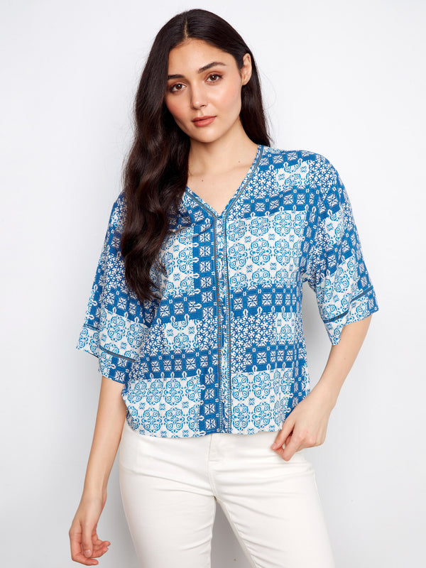 Blouse en viscose imprimée col en V - Abstrait