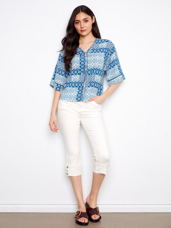 Blouse en viscose imprimée col en V - Abstrait
