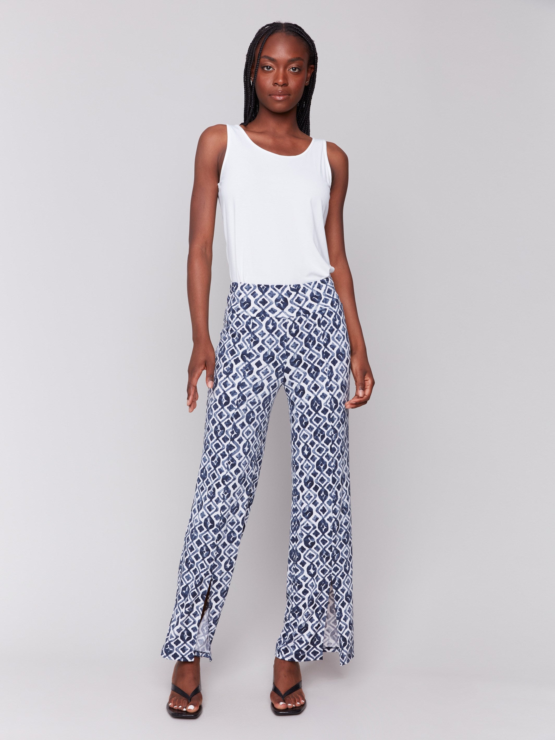 Pants with a geometric pattern and stretch fabric for comfort by Charlie B.
