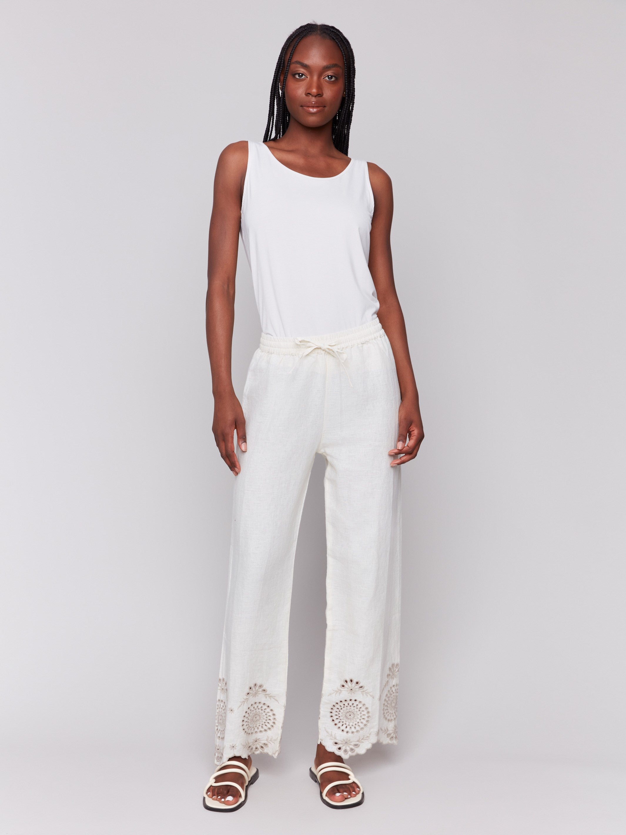Linen pants with an elastic waistband and drawstrings, offering comfort by Charlie B.