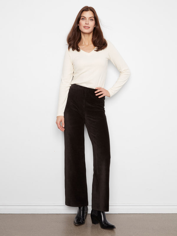 Pantalon en velours côtelé à jambe large à enfiler - Noir