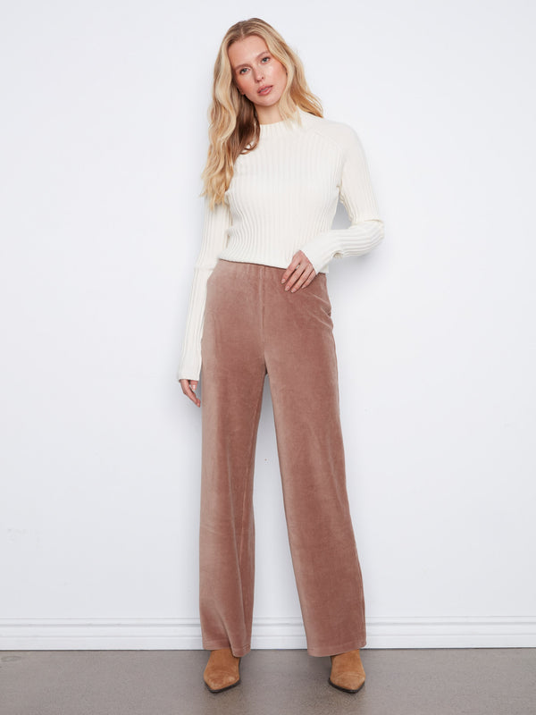 Pantalon en velours côtelé à jambe large à enfiler - Taupe
