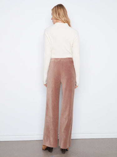 Stylish taupe wide-leg pants in soft corduroy, matched with a classic white ribbed sweater by Charlie B.