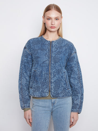Denim jacket with a crew neckline and intricate floral embroidery, crafted from 100% Tencel for comfort and style by Charlie B.