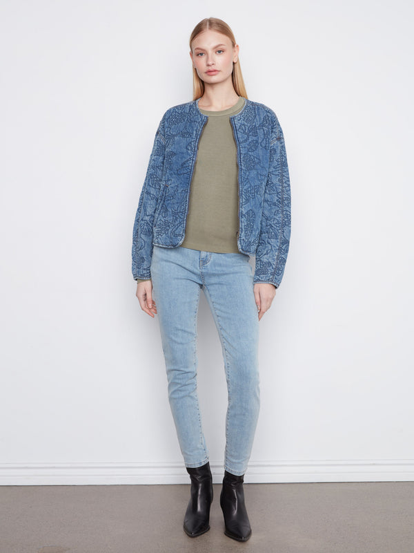 Veste bomber en denim Tencel matelassé - Bleu Moyen