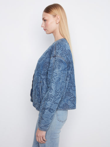 Beautifully designed with floral embroidery, this short-length denim jacket adds a touch of elegance to any outfit by Charlie B.