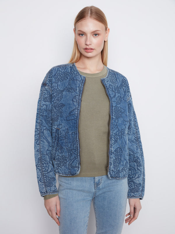 Veste bomber en denim Tencel matelassé - Bleu Moyen