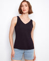 Black bamboo cami with a scoop neckline, showcasing its relaxed fit and versatile style by Charlie B.