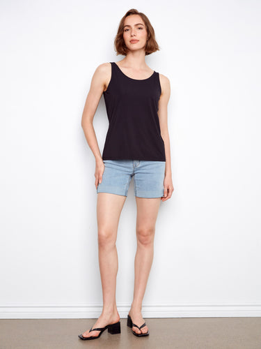 Black bamboo cami designed for both scoop and V-neck versatility, perfect for any occasion by Charlie B.