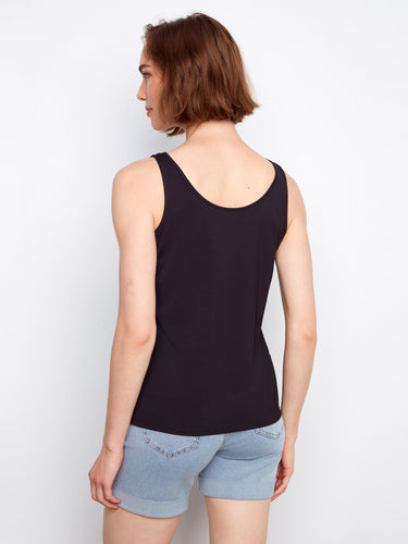 The reversible design of this black bamboo cami allows you to switch from scoop to V-neck effortlessly by Charlie B.