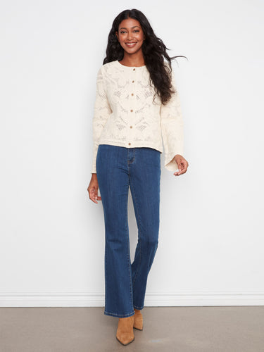Coffee crochet cardigan designed with long sleeves for a cozy yet stylish look by Charlie B.
