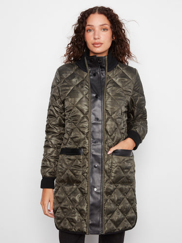 Reversible mocha quilted jacket showcasing fashionable side zippers and comfortable stand collar by Charlie B.