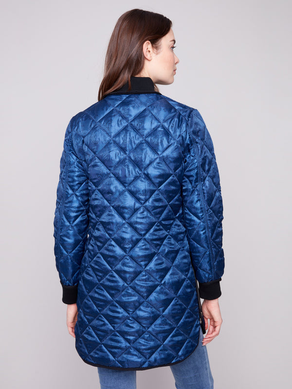 Reversible Long Quilted Puffer Jacket - Navy