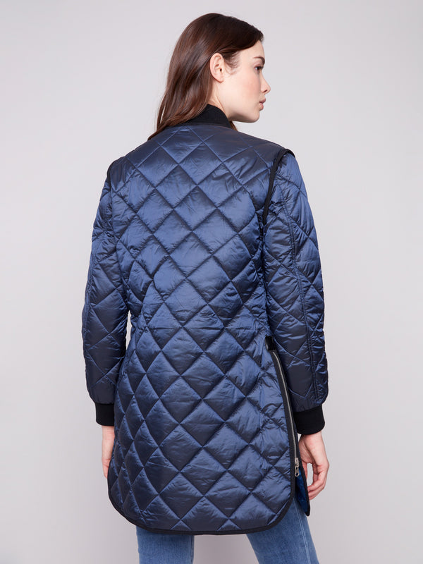 Reversible Long Quilted Puffer Jacket - Navy