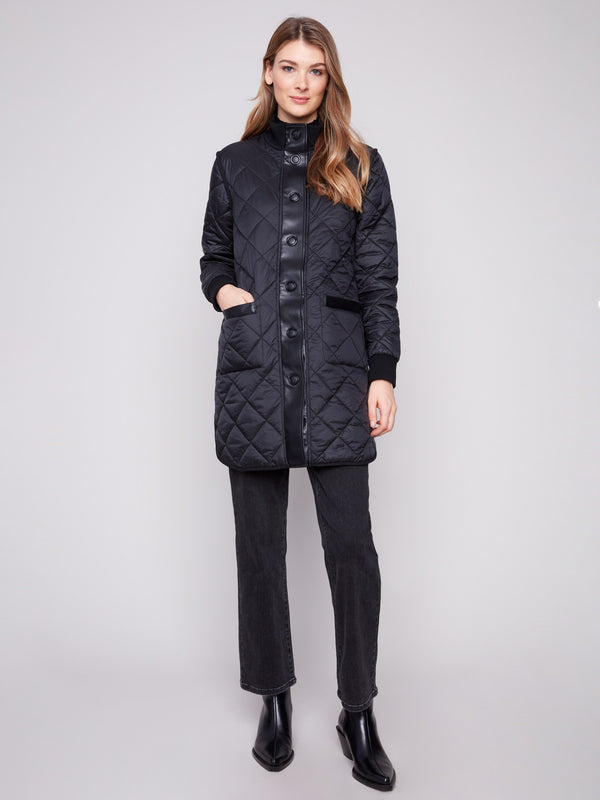 Elegant black puffer jacket with faux leather detailing and snap button front closure by Charlie B.