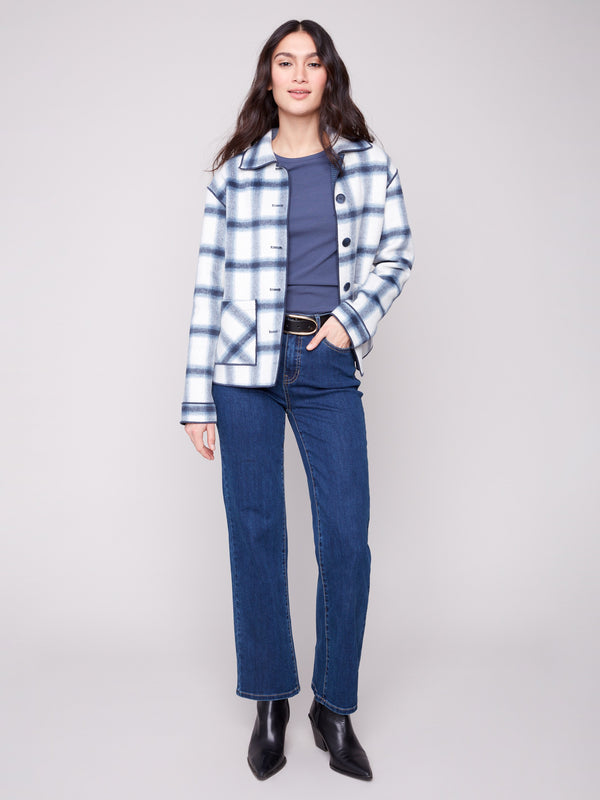 Plaid jacket featuring a classic shirt collar, perfect for versatile styling by Charlie B.