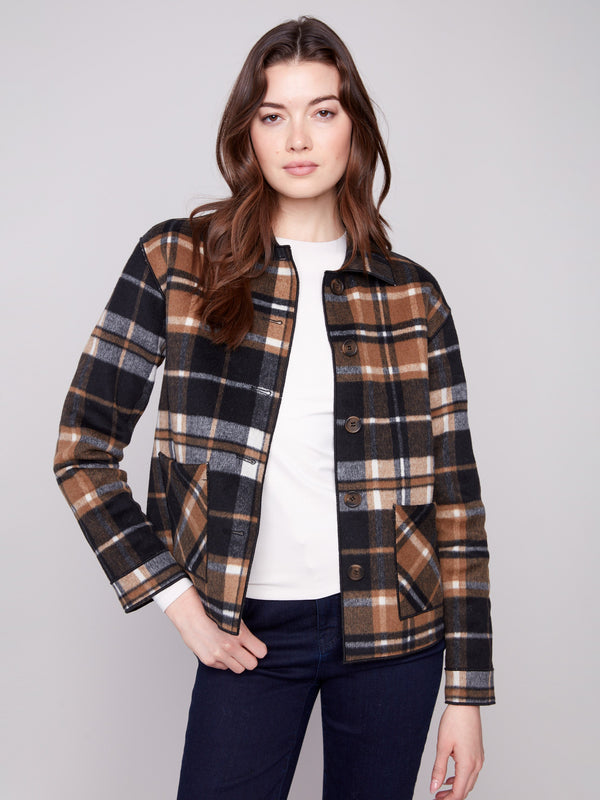 Plaid jacket featuring a classic shirt collar in cacao tones with button front by Charlie B.