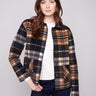 Plaid jacket featuring a classic shirt collar in cacao tones with button front by Charlie B.