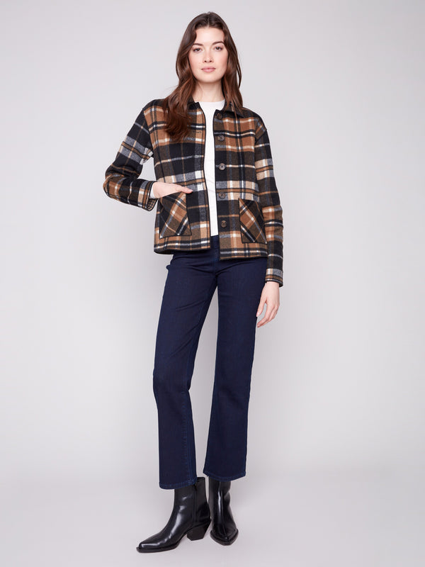 Fashionable button front plaid jacket offering versatile style options by Charlie B.
