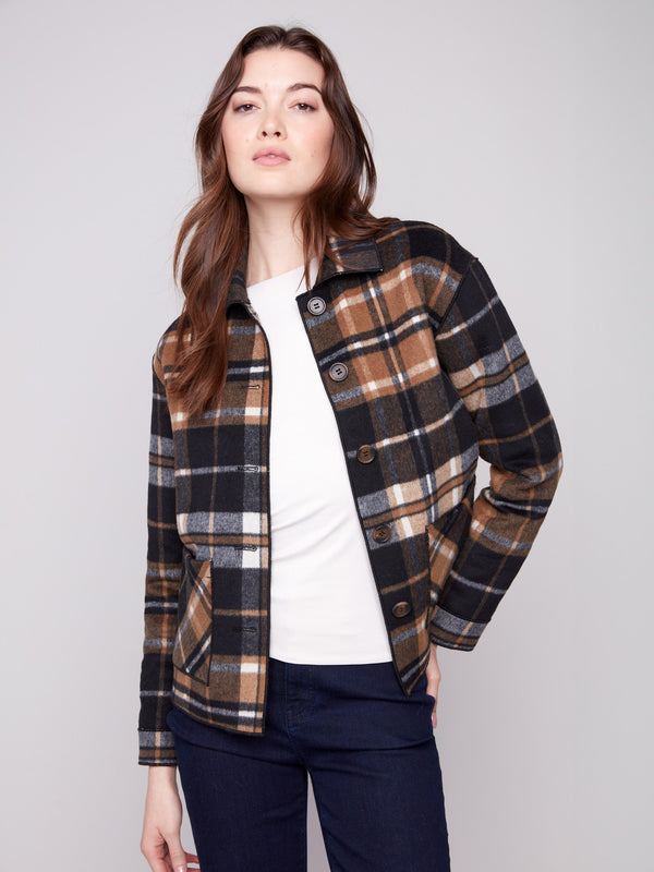 Cacao plaid jacket designed with a smart shirt collar and elegant details by Charlie B.
