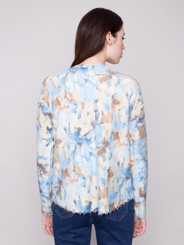Reversible Printed Plush Sweater With Frayed Edges - Vapor