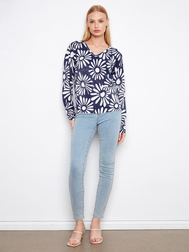 Graphic floral print on this versatile navy blue cotton sweater adds flair to your outfit effortlessly by Charlie B.