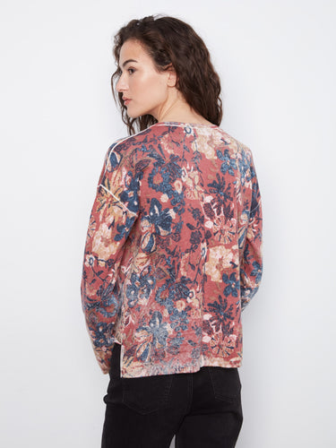 Versatile V-neck top in a stunning floral pattern, designed with reversible print for multiple outfit options by Charlie B.