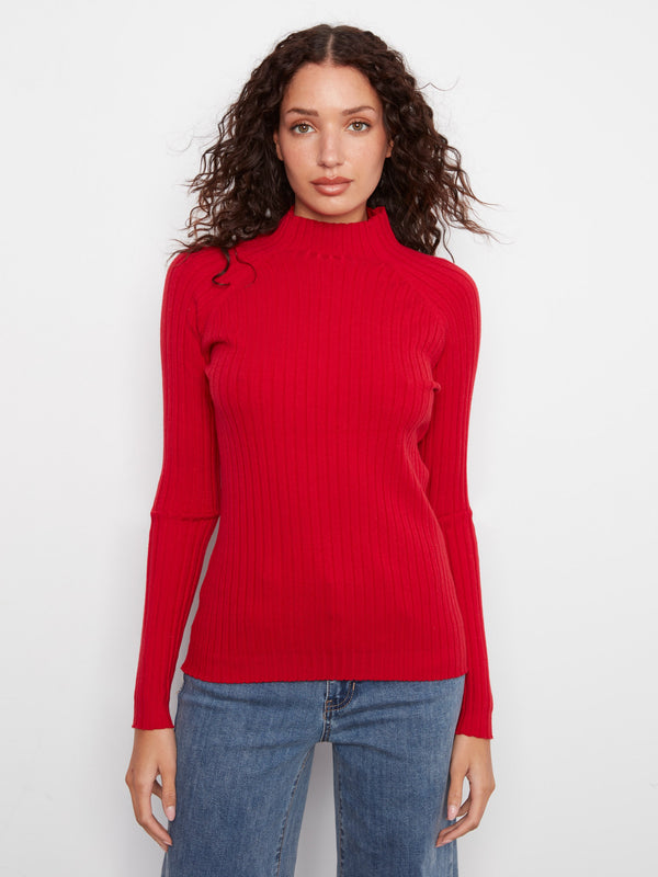 Ribbed Knit Mock Neck Sweater - Equestrian