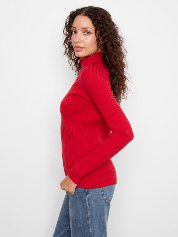 Ribbed Knit Mock Neck Sweater - Equestrian