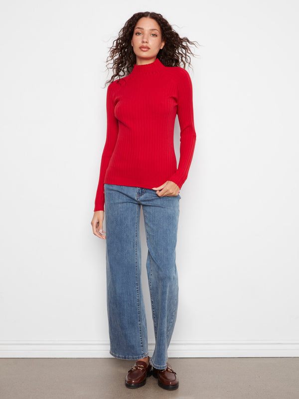 Ribbed Knit Mock Neck Sweater - Equestrian