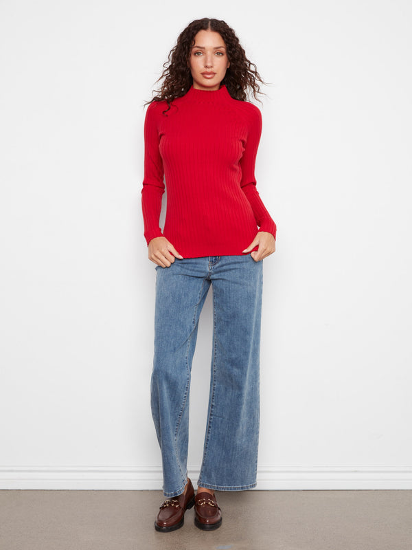 Ribbed Knit Mock Neck Sweater - Equestrian