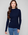 Navy sweater with a stylish mock neck and ribbed knit texture, perfect for any occasion by Charlie B.
