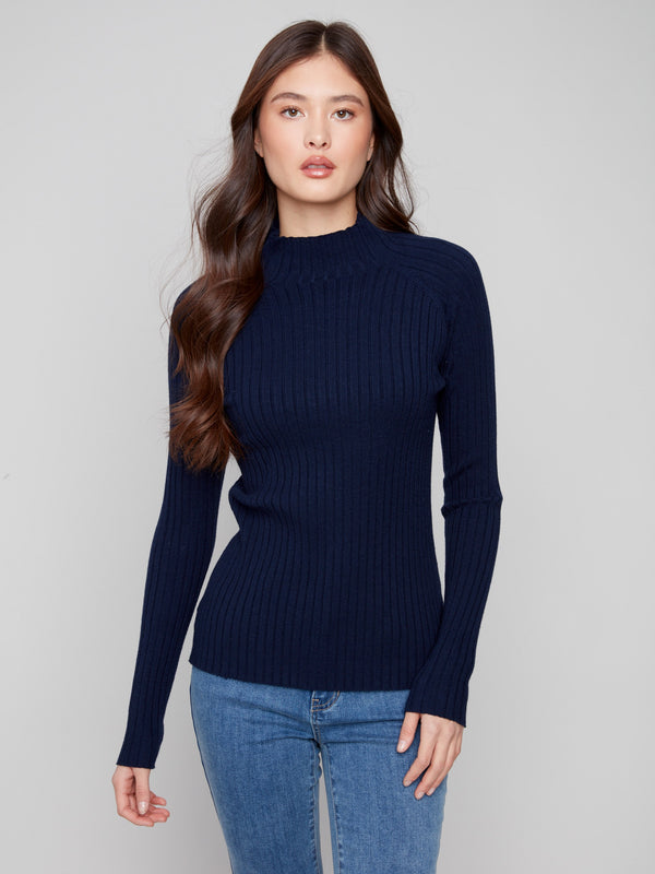 Navy sweater with a stylish mock neck and ribbed knit texture, perfect for any occasion by Charlie B.