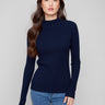Navy sweater with a stylish mock neck and ribbed knit texture, perfect for any occasion by Charlie B.