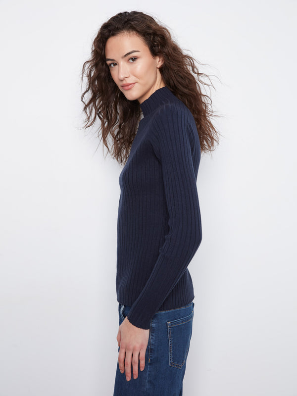 Ribbed Knit Mock Neck Sweater - Navy