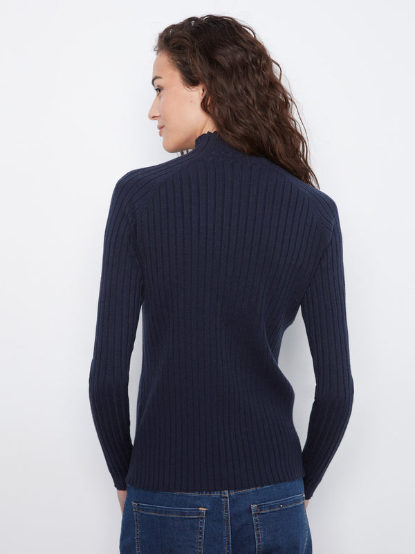Ribbed Knit Mock Neck Sweater - Navy