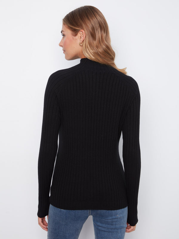 Ribbed Knit Mock Neck Sweater - Black