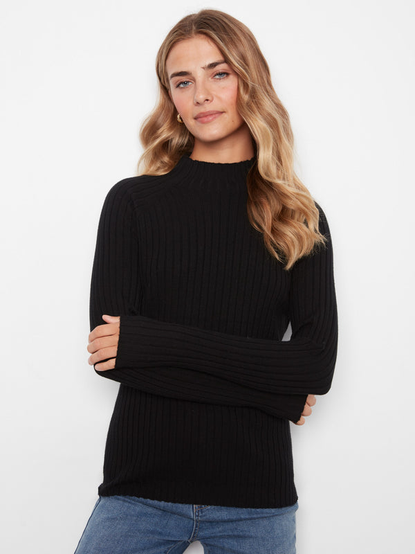 Ribbed Knit Mock Neck Sweater - Black