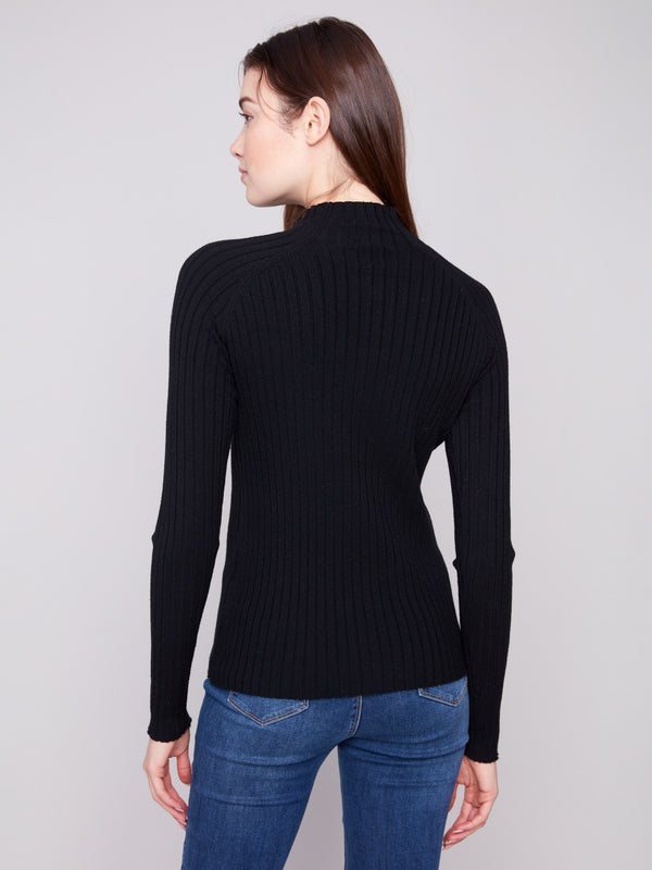 Stylish black sweater with a classic mock neck and ribbed detailing by Charlie B.