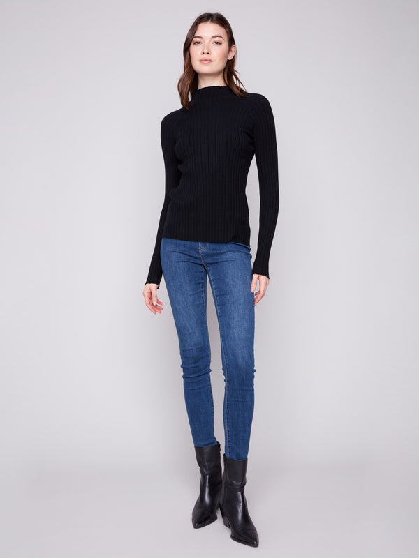 Ribbed Knit Mock Neck Sweater - Black