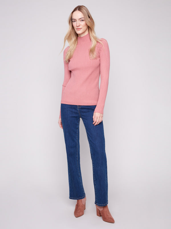 Ribbed Knit Mock Neck Sweater - Primrose