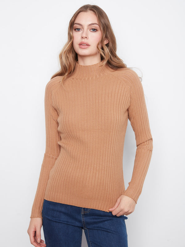 Ribbed Knit Mock Neck Sweater - Truffle