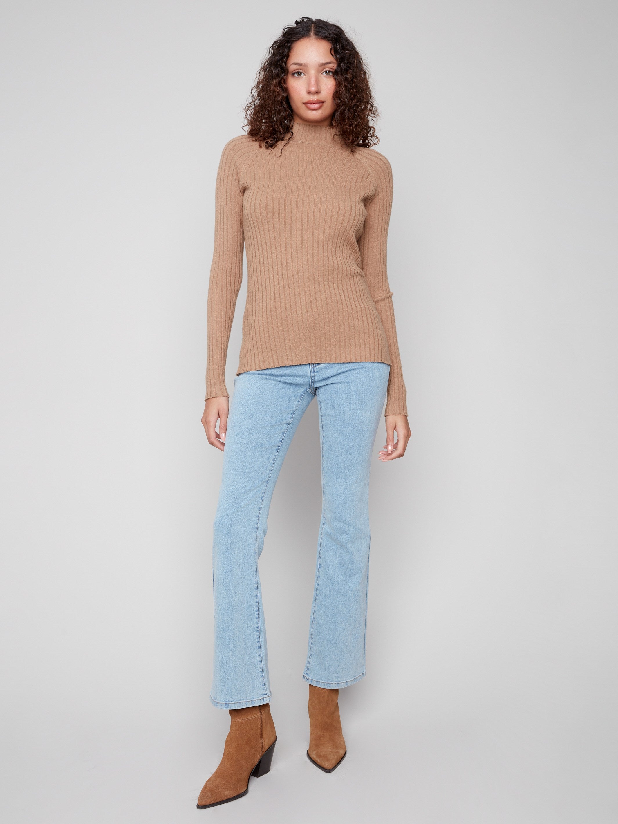 Elegant slim fit truffle sweater with long sleeves, crafted in ribbed knit fabric by Charlie B.