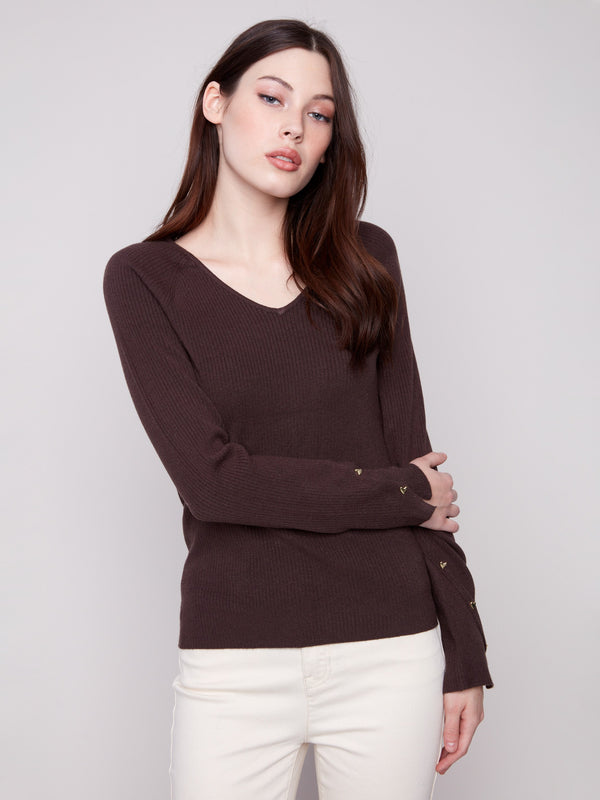 Mocha sweater featuring a slim fit design, enhanced by ribbed texture and heart rivets on sleeves by Charlie B.