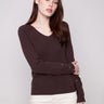 Mocha sweater featuring a slim fit design, enhanced by ribbed texture and heart rivets on sleeves by Charlie B.