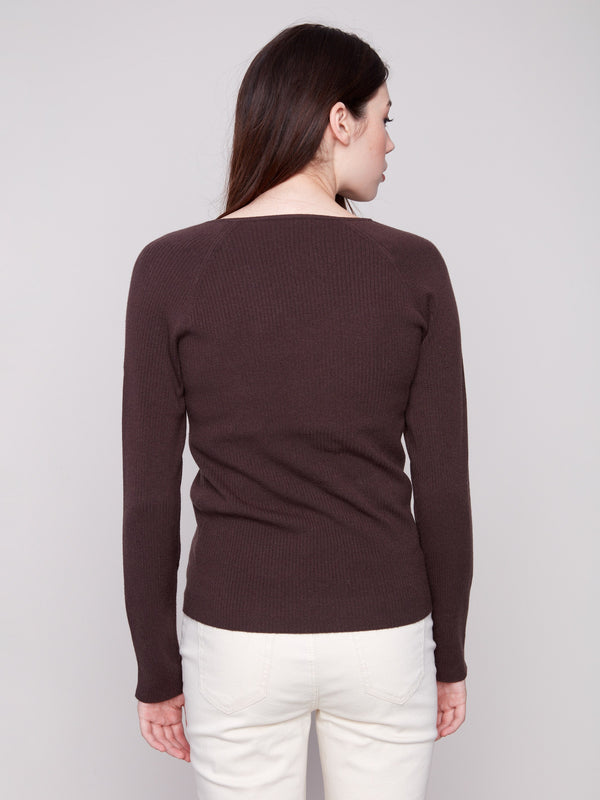 Ribbed V-Neck Sweater With Heart Rivets - Mocha
