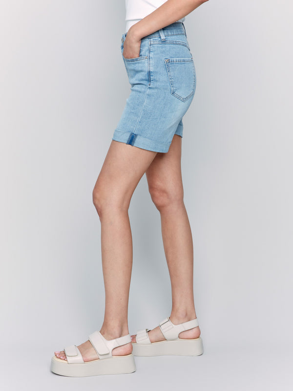 Regular rise denim shorts with an elegant rolled cuff detail by Charlie B.