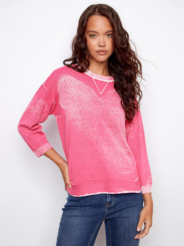 Rounded Hem Cotton Sweater - Fuchsia