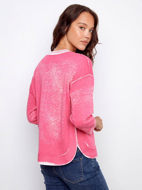 Rounded Hem Cotton Sweater - Fuchsia